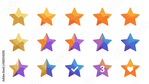 Star rating vector icon set. Modern gradient style customer review symbols. Five star feedback. Quality assessment. Satisfaction ranking. App UI design elements. Colorful collection