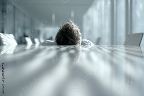 Symmetrical composition of an exhausted businessman centered in a cold corporate setting