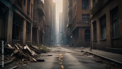 A desolate street scene with debris, leading into a hazy, bright sky. Buildings flank a damaged road, suggesting urban decay and a post-apocalyptic feel
