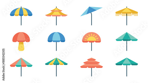 Set of 12 Unique Summer Beach Vacation Umbrella Vector Icons in Clean Geometric Style. Colorful Sunshade Parasol Illustrations for Travel, Holiday, and Seasonal Graphic Design Projects.