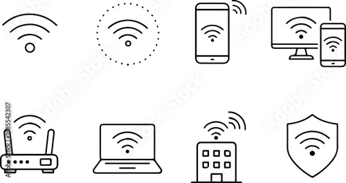 Wireless icons including signal, router, devices, security.
