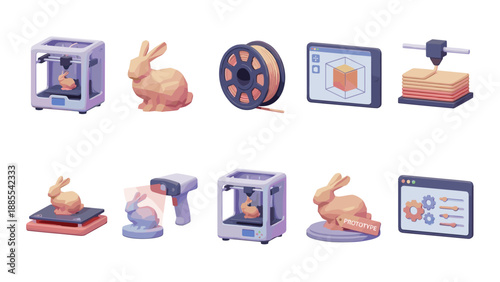 3D printing icons set. Additive manufacturing technology. Production symbols. Digital fabrication. Prototype modeling. Filament spool. Extruder. CAD design. Rapid prototyping.