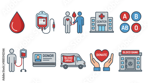 Blood donation icon set. Medical healthcare symbols. Transfusion. Red drop. Blood bag. Hospital. Charity volunteer. Life saving. Donor card. Ambulance van. Emergency care. Plasma drip.