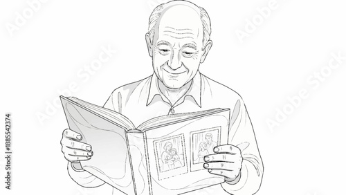 Elderly man happily looking through a photo album illustration.