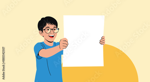 Happy young boy with glasses holds up a blank white vertical poster with plenty of copy space for your custom text or design.