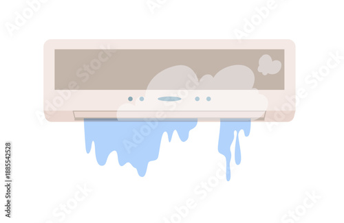 Damaged air conditioner leaking water with steam on white background, isolated vector illustration
