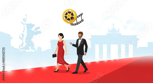A minimalist flat design illustration depicting a glamorous red carpet event at the Berlin International Film Festival, with elegant attendees and an iconic Berlin landmark. 