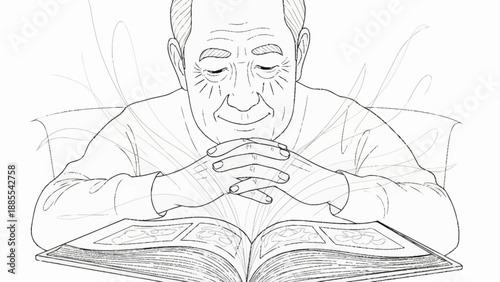 Elderly man reading a book with clasped hands.