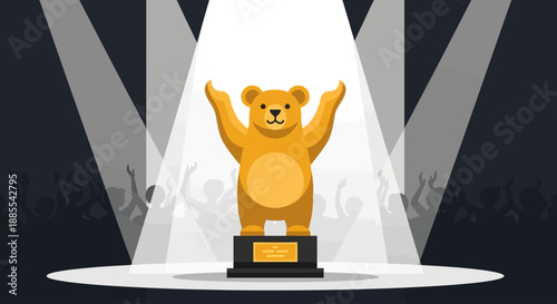 This flat design vector illustration showcases the iconic Golden Bear trophy, symbolizing cinematic excellence at the Berlin International Film Festival. It captures the essence of achievement