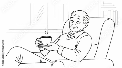 Elderly man relaxing in armchair with a cup of coffee.