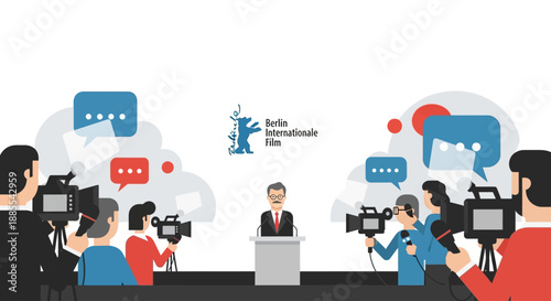 A flat design vector illustration depicting a press conference at the Berlin International Film Festival, with journalists and a central speaker. 