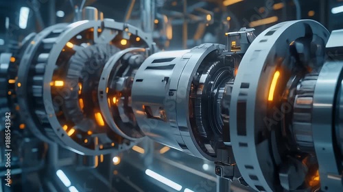 A detailed, stylized view of industrial mechanical parts, arranged in a line with glowing orange highlights and a shiny metallic finish