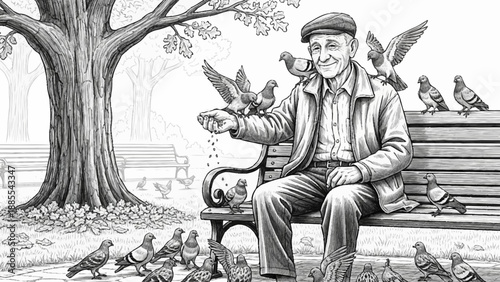 Elderly Man Sitting on Park Bench Feeding Pigeons.