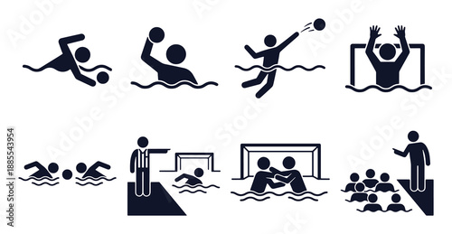Water polo icon set. Stick figure black silhouettes – swimmer with ball, goalie block, shot on goal, referee call, team timeout. Flat vector pictograms