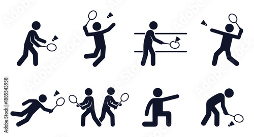 Badminton icon set. Stick figure black silhouettes – smash jump, net shot, doubles team, shuttle pickup. Flat vector pictograms