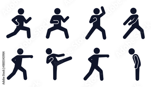 Karate icon set. Stick figure black silhouettes – front stance, high block, side kick, back fist strike, bow to instructor, horse stance. Flat vector pictograms