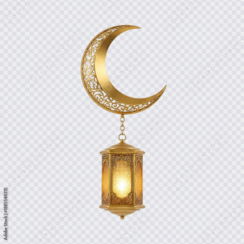 A golden, ornate hanging lantern (Fanoos) suspended from a decorative crescent moon, glowing warmly against a transparent background, symbolizing Ramadan, Eid, and Islamic festivals.