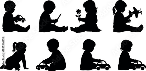 Set of Cute Baby and Toddler Silhouettes Playing, Sitting, and Crawling with Toys Vector Illustration