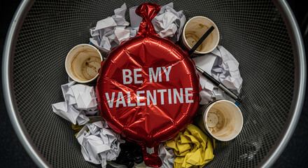 Red foil balloon with be my valentine text thrown in metal trash bin with crumpled paper. Sad breakup concept for anti valentine day. Rejection symbol in garbage can with coffee cups