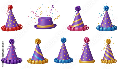 Anniversary and birthday party hats 3D vector illustration set