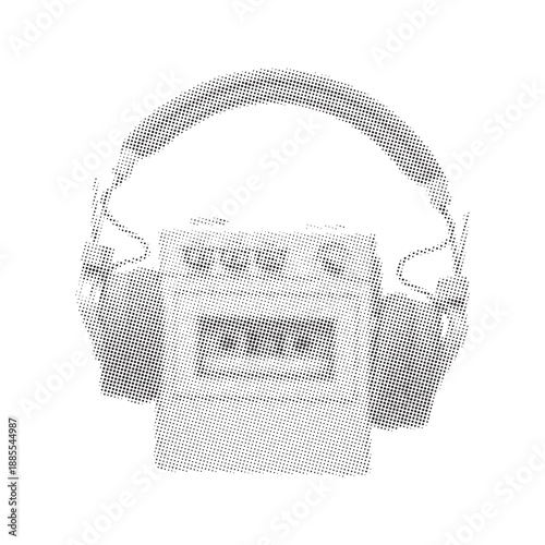 Retro portable cassette player with headphones in halftone dot style. Vintage vector illustration of music walkman equipment on white background.