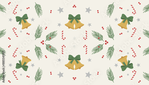Festive seamless pattern featuring Christmas bells pine boughs candy canes and snowflakes on a beige background