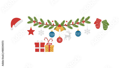 Festive Christmas border with pine garland gifts ornaments hat and mittens