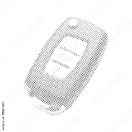 Electronic car key fob icon in halftone dot style. Vector illustration of remote vehicle control system for locking doors on white background.