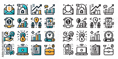 startup business icons - office, finance & growth vectors and silhouettes on white background