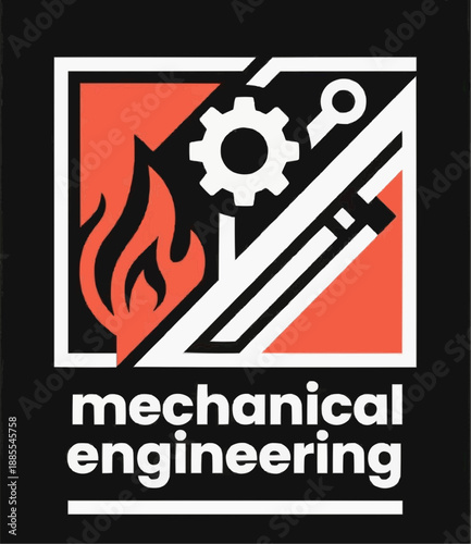 Dynamic logo illustration representing mechanical engineering, featuring a gear, wrench, and flame, symbolizing innovation, power, and precision in industrial design and technical development