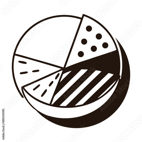 Black and white pie chart icon, depicting data distribution and statistical analysis with distinct patterns in each segment, representing proportions and analytical insights, isolated on