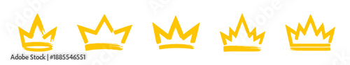 Set of five hand-drawn gold crown silhouettes. Rough brush style vector illustrations of gold royal symbols arranged in a row.