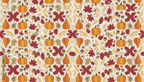 Seamless Autumn pattern with pumpkins maple leaves acorns and wheat Harvest background