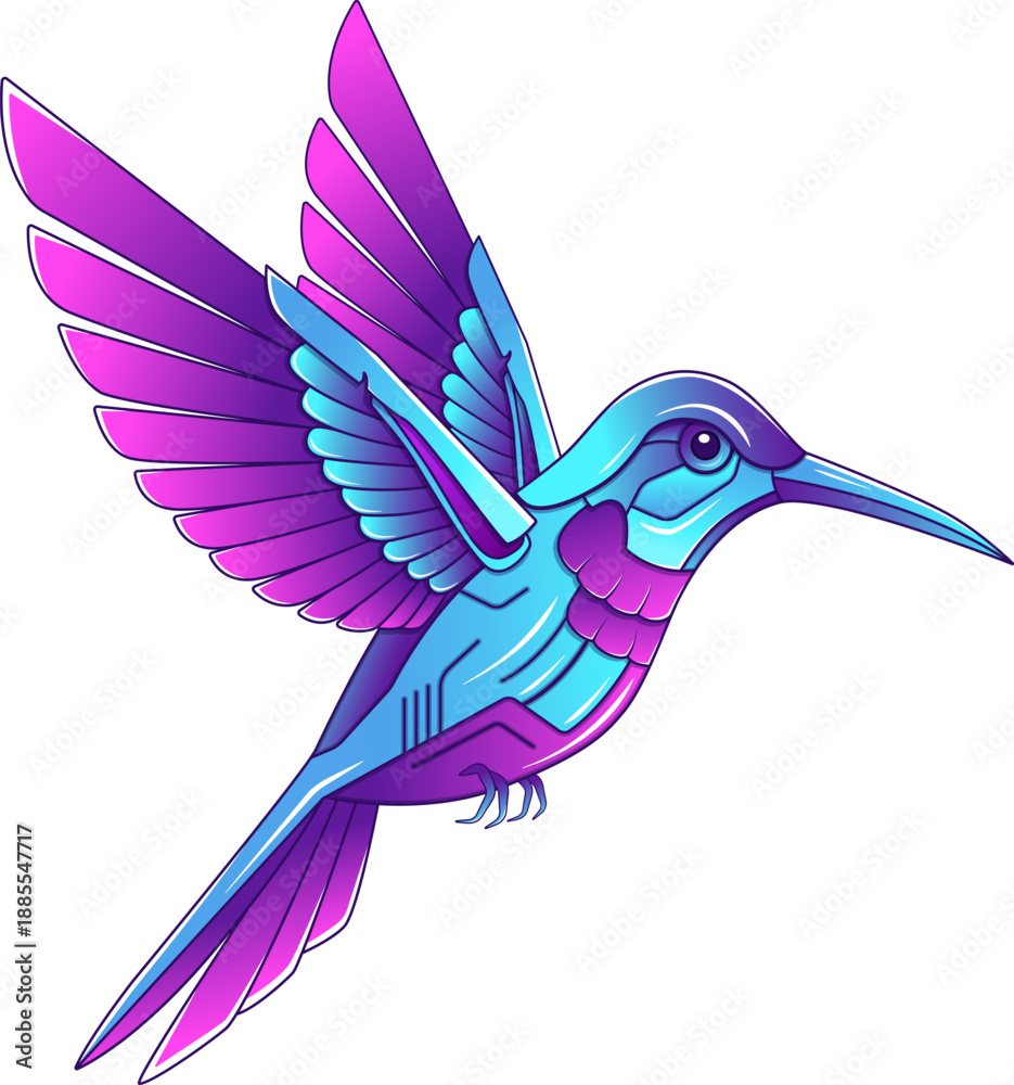 Obraz premium Vibrant Flying Hummingbird in Pink and Turquoise Gradient - Cute Bird Vector Illustration