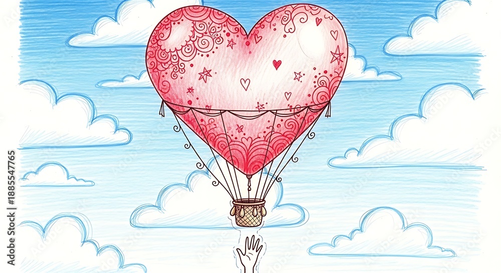 Obraz premium Hand reaches for heart shaped balloon floating in cloudy sky.