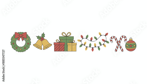 Holiday icons set wreath bells gifts string lights and candy canes for Christmas design