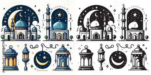 Ramadan Kareem vector and silhouette pack - mosque, lantern & crescent moon icons on white background.