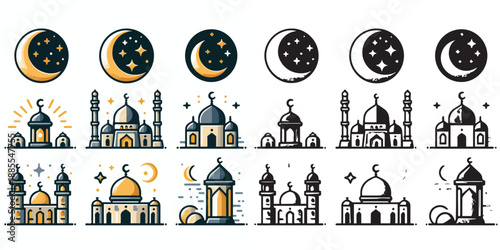Ramadan Kareem vector and silhouette pack - mosque, lantern & crescent moon icons on white background.