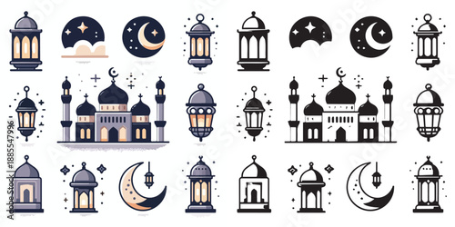 Ramadan Kareem vector and silhouette pack - mosque, lantern & crescent moon icons on white background.