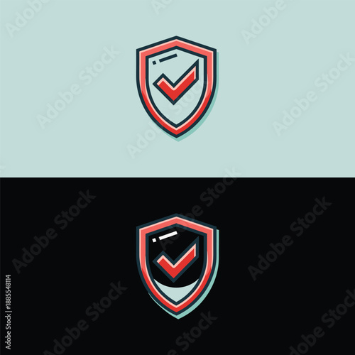Free Download A distinctive shield logo with a prominent checkmark, featuring a colorful red and blue outline style, presented on a light blue-grey and a dark black background. - GFXLoad