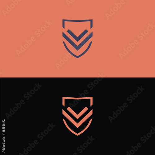 An abstract shield logo containing three downward-pointing chevron-like shapes, creating a unique checkmark effect, presented on both a warm orange and a black background.