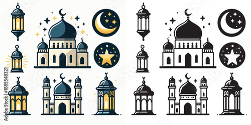 Ramadan Kareem vector and silhouette pack - mosque, lantern & crescent moon icons on white background.