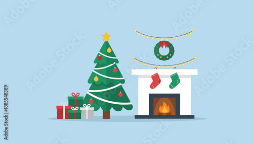 Festive Christmas scene illustration with decorated tree fireplace gifts and stockings Cozy holiday decor