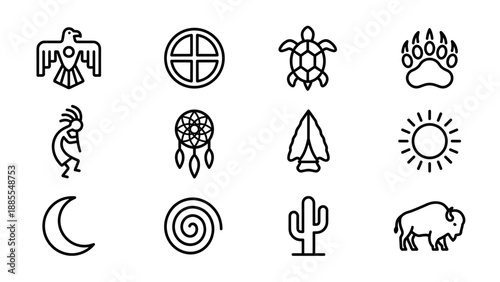 Native American symbols icon set. Indigenous tribal culture elements. Eagle, dreamcatcher, turtle, bear paw, Kokopelli, arrowhead, sun, moon, spiral, cactus, buffalo