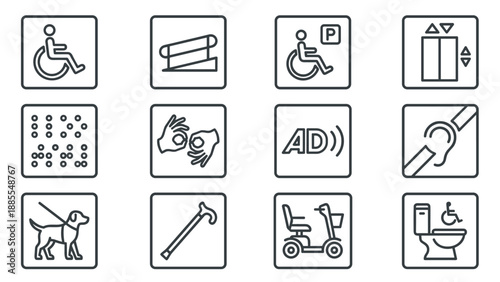 Wheelchair disability accessibility line icon set. Braille sign language elevator ramp parking symbols. Inclusive design universal access wayfinding pictograms