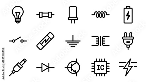 Electricity circuit line icons set. Electronic components symbols. Lightbulb resistor capacitor battery transformer diode plug switch. Minimal outline style vector illustration