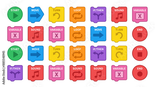 Colorful coding blocks for kids icon set. Visual programming education elements. Start loop move turn variable sound end. STEM learning game blocks flat vector design