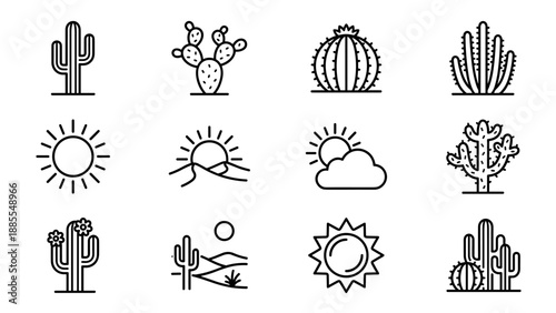 Desert cactus and sun vector icon set. Outline nature symbols. Black line art of succulent plants and summer sunlight signs. Minimal landscape elements. Linear drawing collection.