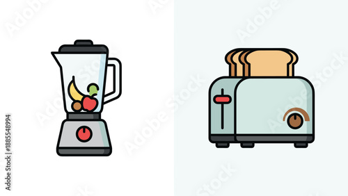 Kitchen appliances flat vector icon set. Electric blender mixer for smoothies and toaster with bread. Household cooking equipment. Breakfast food preparation. Modern design element.