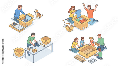 Isometric unboxing set vector. People opening cardboard boxes. Customers receiving delivery parcels. E-commerce shopping. Family couple pets. Laptop clothes camera furniture home.
